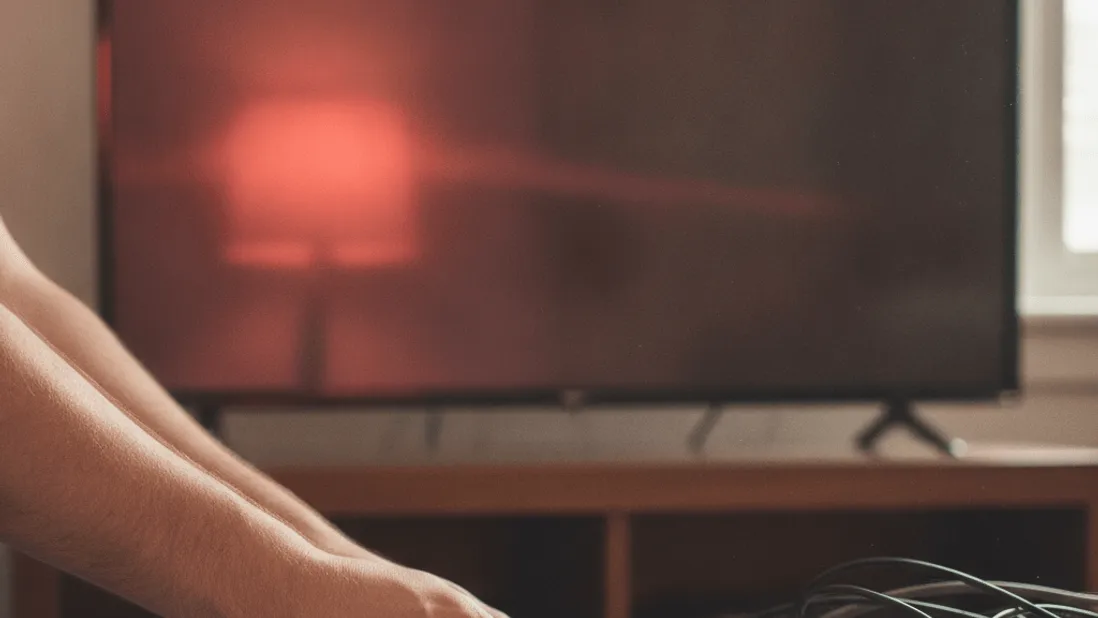A person's hands adjusting an HDMI cable behind a television, with a streaming box and cables on a stand.