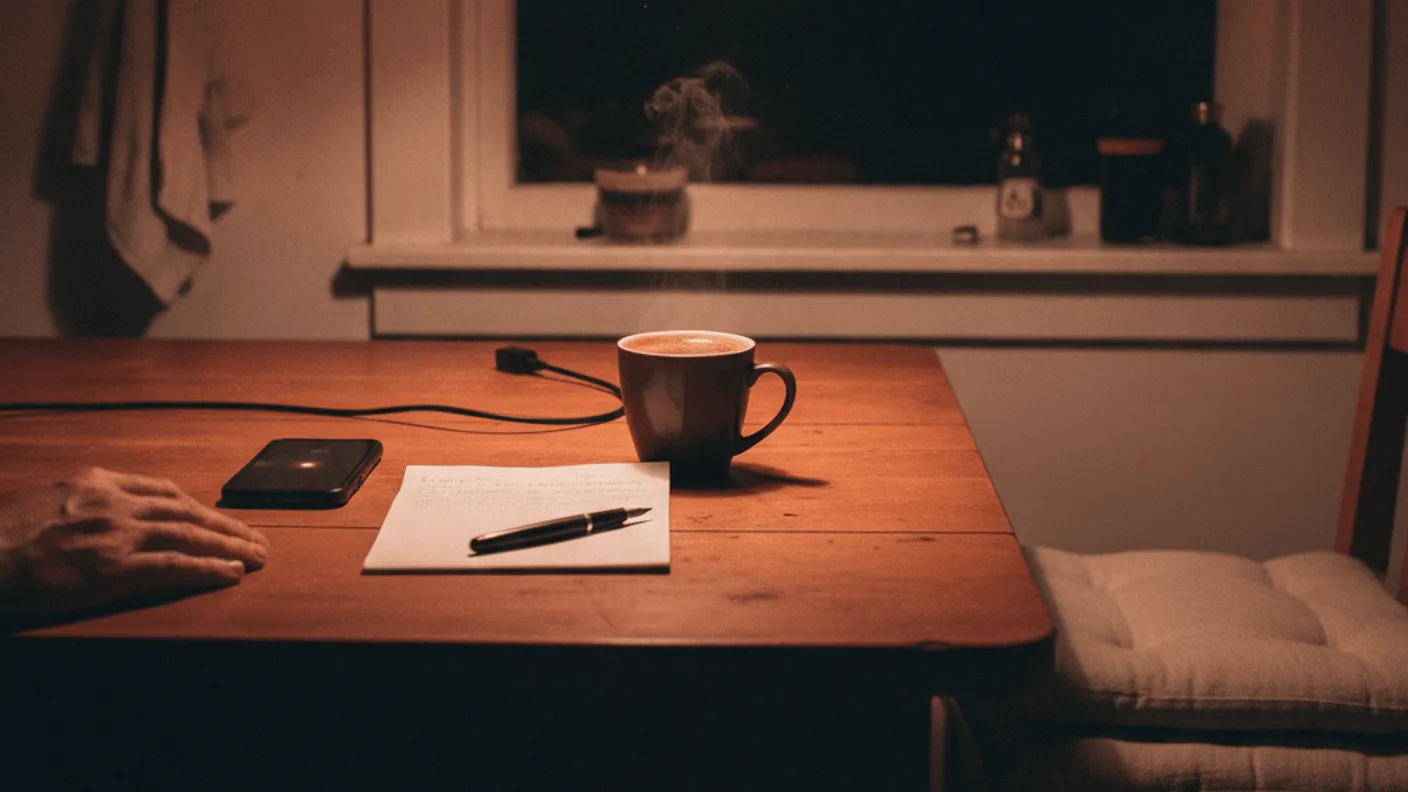 A kitchen table at night with a steaming coffee cup, a smartphone face down, a half-written note, and a man's hand.