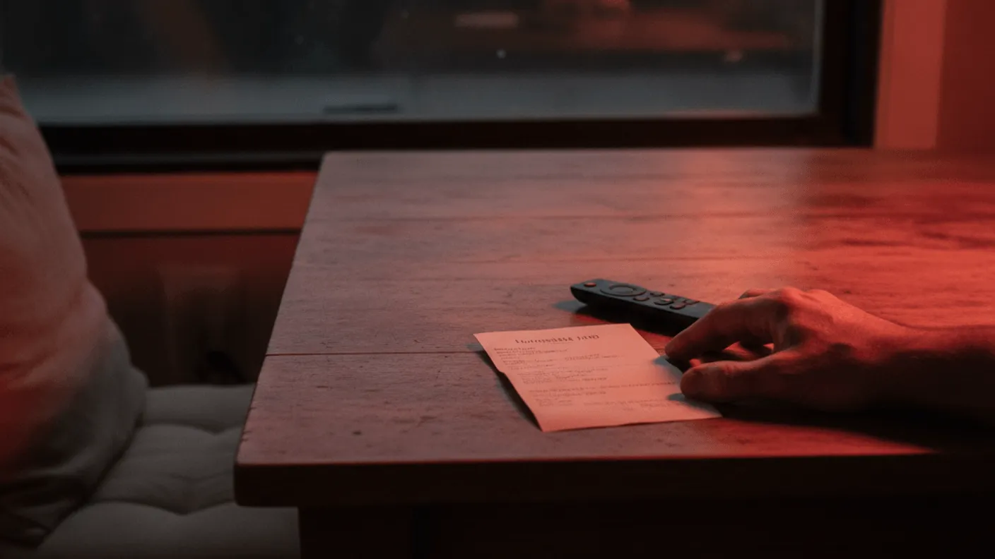 A hand rests on a wooden table beside a bill and a remote control, with a dark window behind.