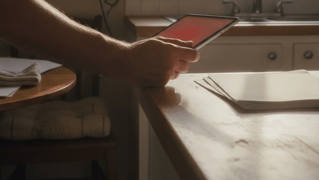 A person holding a tablet with a red screen in a kitchen, with a router and a window behind.