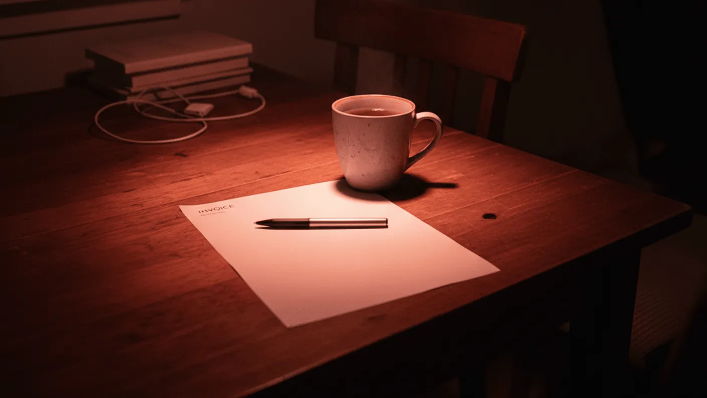 A plain paper invoice on a wooden table, held by a mug, with a pen across it, under a warm light.