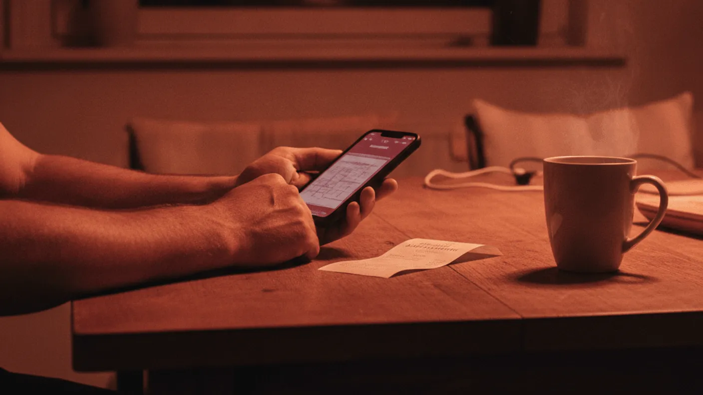 A person's hands hold a phone next to a bill, a steaming mug, and a dark window at night.