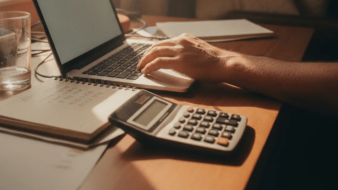 A hand hovers over a laptop keyboard with a notepad and calculator on a desk by a window.