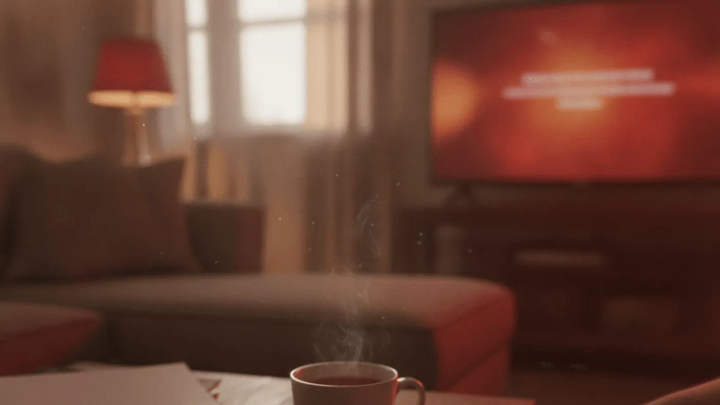 A hand reaches for a remote control on a wooden coffee table, with a cup of tea nearby.